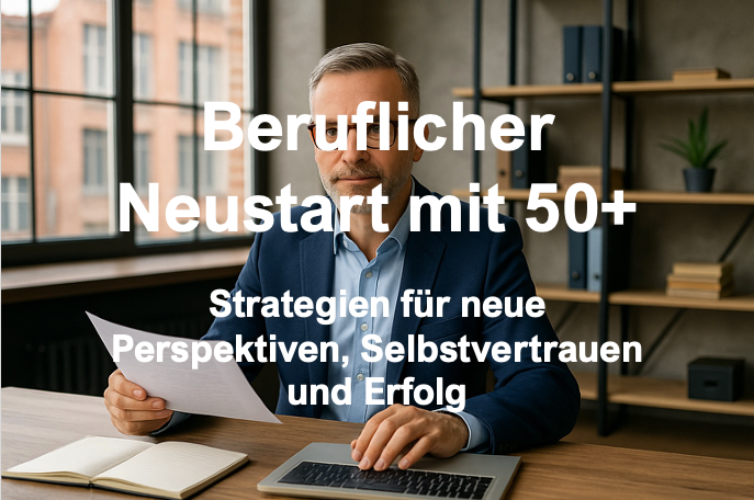 Mittelalterlicher Mann im Business-Outfit sitzt an einem modernen Schreibtisch mit Laptop und Unterlagen, konzentriert und zuversichtlich – Symbolbild für beruflichen Neustart mit 50+.