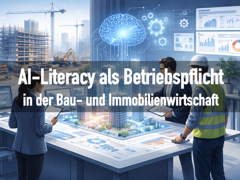 Projektteam aus Bauleitung, Planung und Management analysiert ein digitales 3D-Gebäudemodell mit KI-Visualisierung vor einer aktiven Baustelle als Symbol für AI-Literacy und Governance in der Bau- und Immobilienwirtschaft.