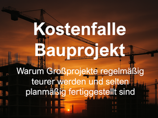 Baukran und Rohbau eines mehrstöckigen Gebäudes auf einer Großbaustelle, Symbol für Kosten, Verzögerungen und Komplexität großer Bauprojekte.
