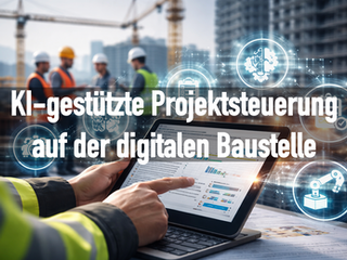 KI-gestützte Projektsteuerung auf einer Baustelle mit digitaler Analyse von Bauprojektdaten über Tablet zur Optimierung von Dokumentation, Terminplanung und Projektmanagement