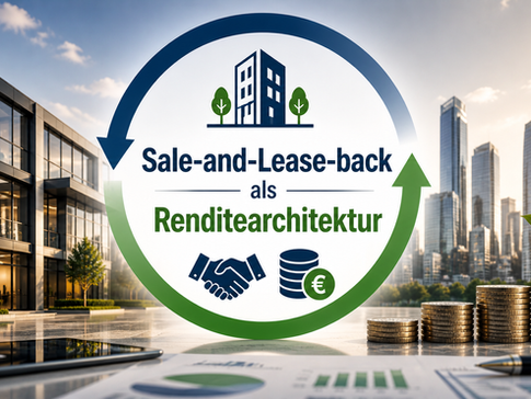 Visualisierung einer Sale-and-Lease-back-Transaktion mit Fokus auf CAPEX- und OPEX-Logik, Immobilienobjekt, Cashflow-Dynamik und Renditeentwicklung im Investmentkontext