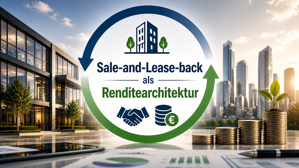 Visualisierung einer Sale-and-Lease-back-Transaktion mit Fokus auf CAPEX- und OPEX-Logik, Immobilienobjekt, Cashflow-Dynamik und Renditeentwicklung im Investmentkontext
