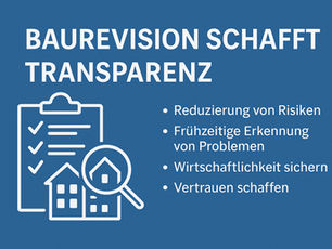 Infografik zur Baurevision: Symbolbild mit Checkliste, Gebäuden und Lupe sowie Stichpunkten zu Risikominimierung, Problemerkennung, Wirtschaftlichkeit und Vertrauen