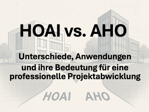 Zwei Wege mit moderner Architektur, symbolisch beschriftet mit „HOAI“ und „AHO“, die unterschiedliche Leistungsbilder in Planung und Projektsteuerung darstellen.