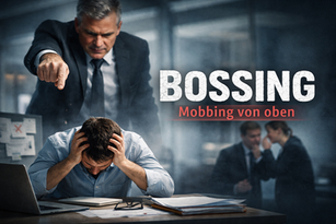 Dominante Führungskraft zeigt aggressiv auf gestressten Mitarbeiter im Büro und symbolisiert Bossing als strukturellen Machtmissbrauch und Mobbing von oben in Organisationen
