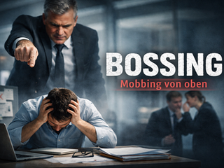 Dominante Führungskraft zeigt aggressiv auf gestressten Mitarbeiter im Büro und symbolisiert Bossing als strukturellen Machtmissbrauch und Mobbing von oben in Organisationen