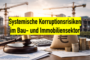 Baustelle mit Kränen im Hintergrund, Geldsack, Münzen und Richterhammer auf Bauplänen als Symbol für Korruption, wirtschaftliche Risiken und Governance im Bauwesen.