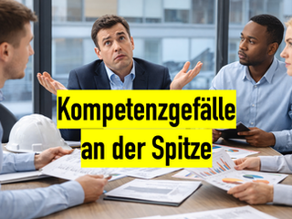 Fachlich überforderte Führungskraft sitzt in einer Projektrunde mit kompetenten Mitarbeitenden im Bau- und Immobilienkontext und signalisiert Unsicherheit bei fachlichen Entscheidungen.