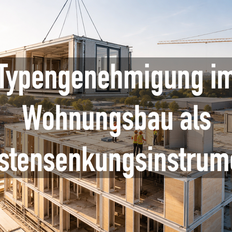 Modulares Wohngebäude im Bau, bei dem ein vorgefertigtes Gebäudemodul per Kran auf eine mehrgeschossige Struktur montiert wird, als Beispiel für serielles und typengenehmigtes Bauen.
