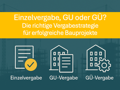 Titelgrafik mit dem Text ‚Einzelvergabe, GU- und GÜ-Vergabe: Strategien für eine erfolgreiche Projektabwicklung‘ vor dem Hintergrund einer Baustelle mit Kränen und Gerüsten im Querformat