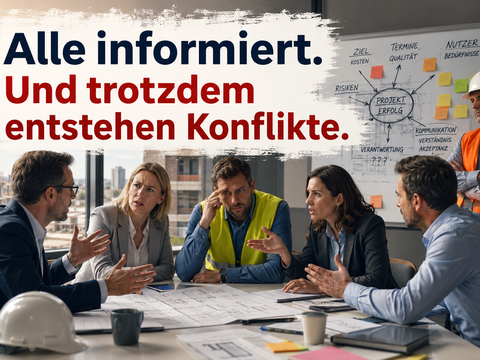 Projektbesprechung in einem Bauprojekt mit mehreren Beteiligten, die trotz umfangreicher Informationsweitergabe unterschiedliche Auffassungen vertreten. Symbolbild für Kommunikationsprobleme, Missverständnisse und Konflikte im Projektmanagement.