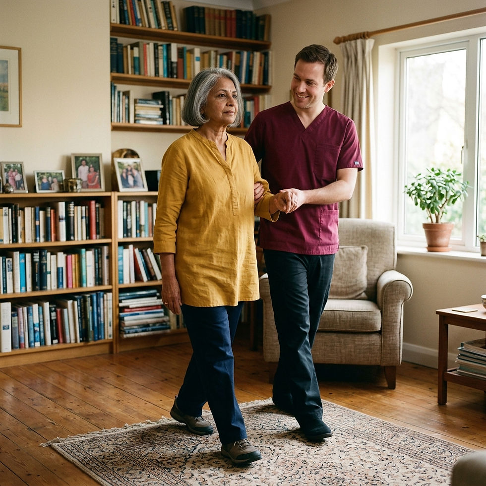 Male home health aide guiding senior woman walking across living room for mobility and balance.