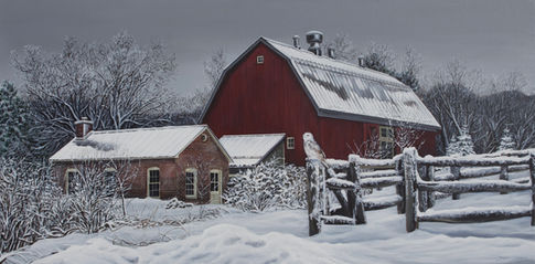 Grange en hiver, grange, peinture avec grange. grange rouge. grange du Québec. Harfandgdes neiges. peinture harfang des nieges.