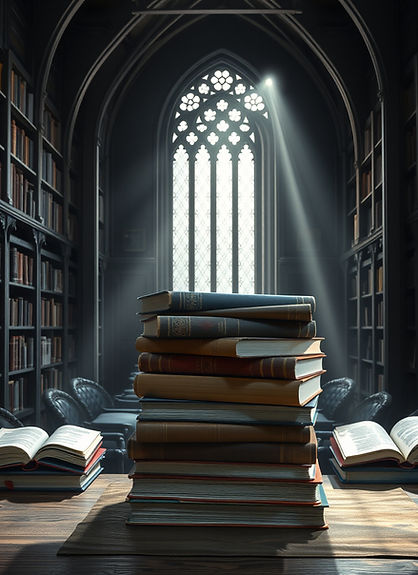 A library with a stack of books on a table. make it seem like a magical library in a castl