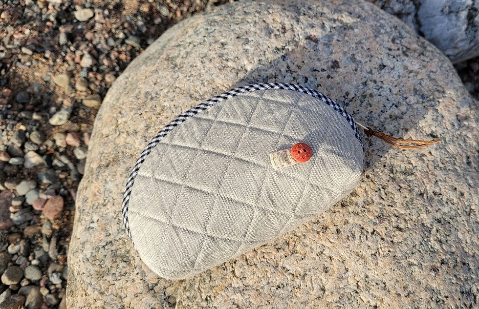 Thumbnail: Back view of the pouch with cross-hatch quilting button embellishment