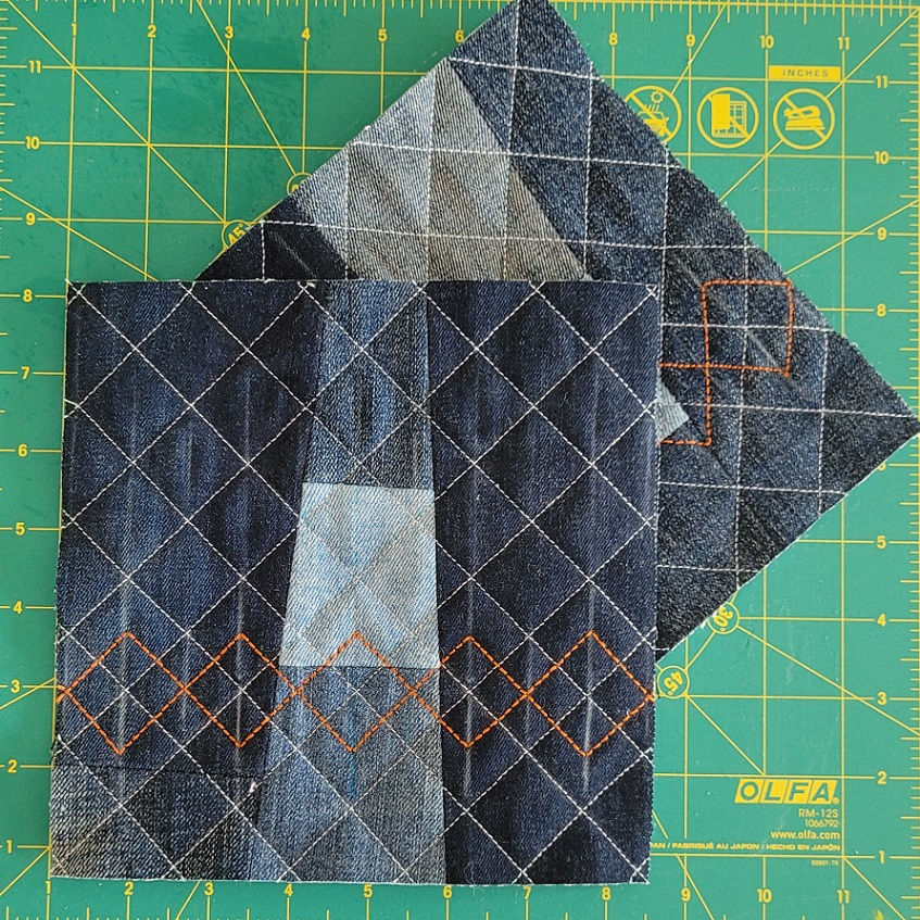 Denim pieces quilted with 45 degree crosshatch