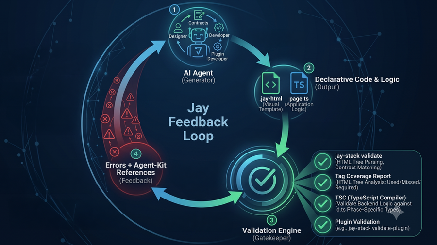 Jay Feedback Loop Diagram — showing the self-correcting cycle of AI agents, declarative code, validation, and error feedback