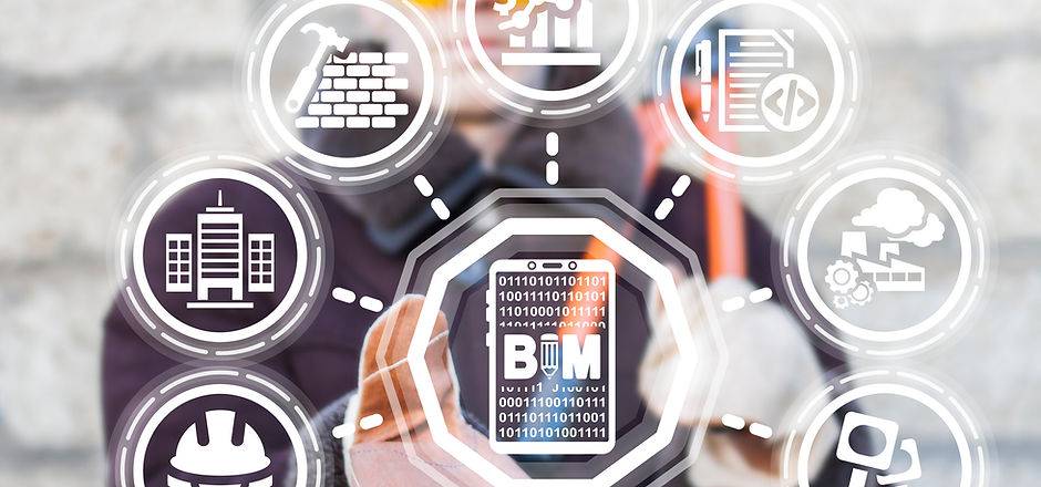 Industrial engineer using virtual interface offers smartphone bim icon. Building Informati