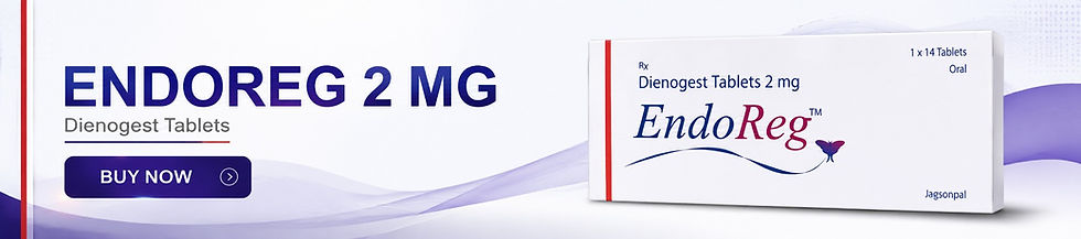Endoreg 2 mg Dienogest Tablets ad; box with text, purple wave design. Prominent "BUY NOW" button. Clean, clinical vibe.
