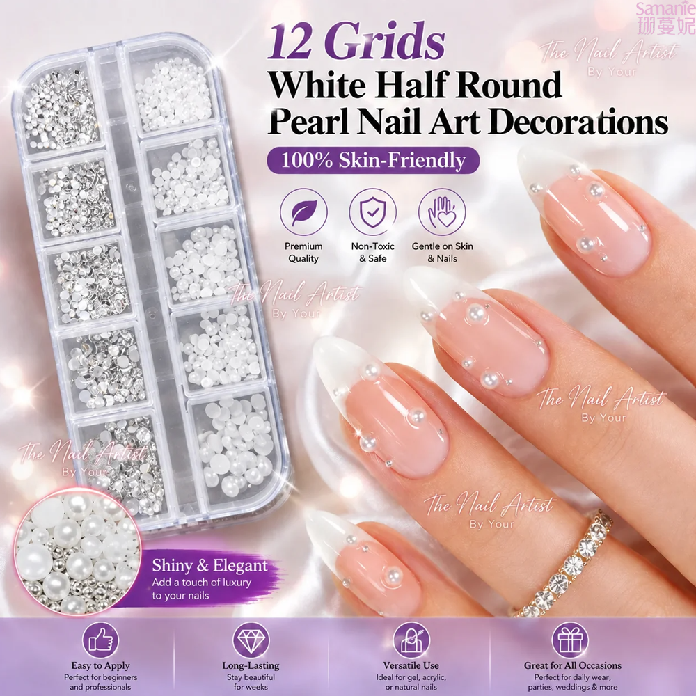 Half-Round Pearl Nail Art Decorations, 12-Grid Box