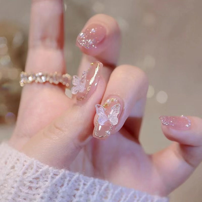 Thumbnail: 24pcs Press On Nails Short Almond Bowknot Black Press On Nails White Pearl Sweet