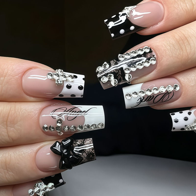 24Pcs Press-On Nails Medium-Long Black Lace with Rhinestone-Embellished Bows and