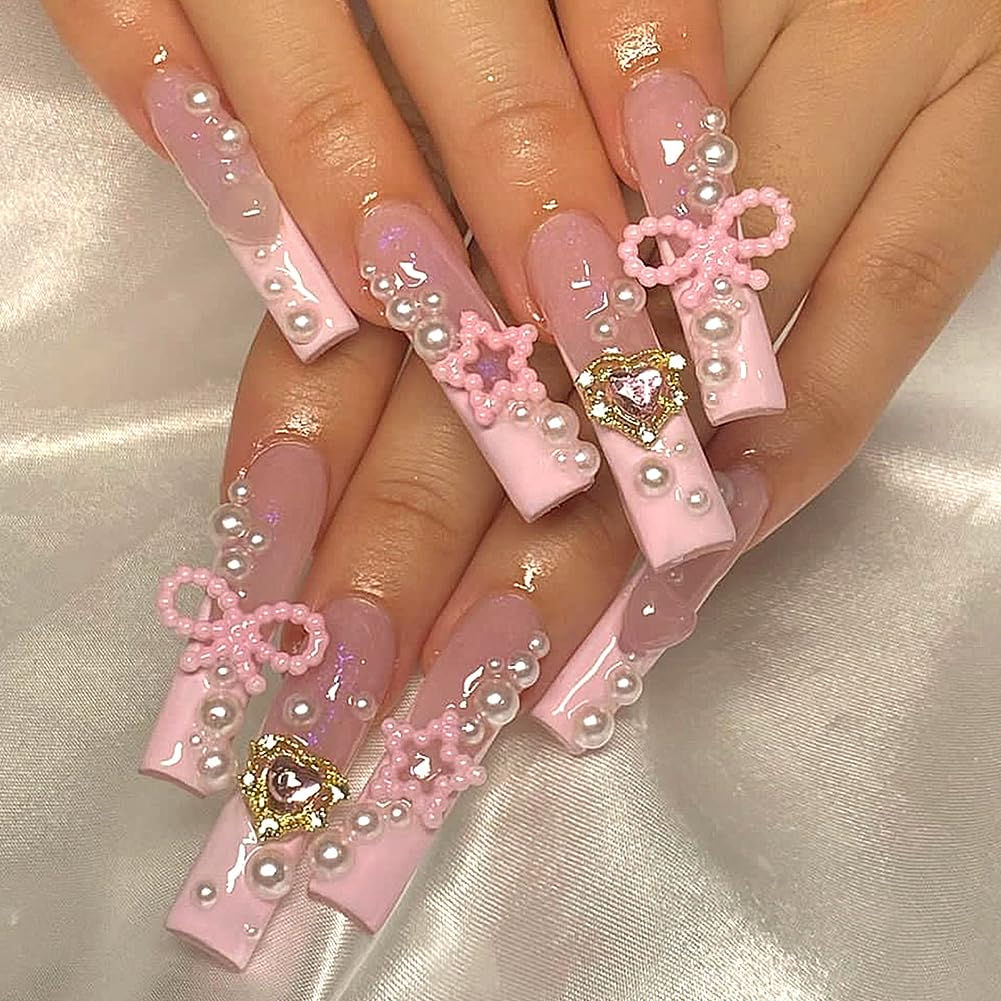 Long Press on Nails Pink French Tip Long Fake Nails Coffin Press on Nails Square