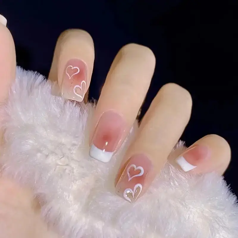 24 Pcs Glossy Coffin Press On Nails with Heart Designs