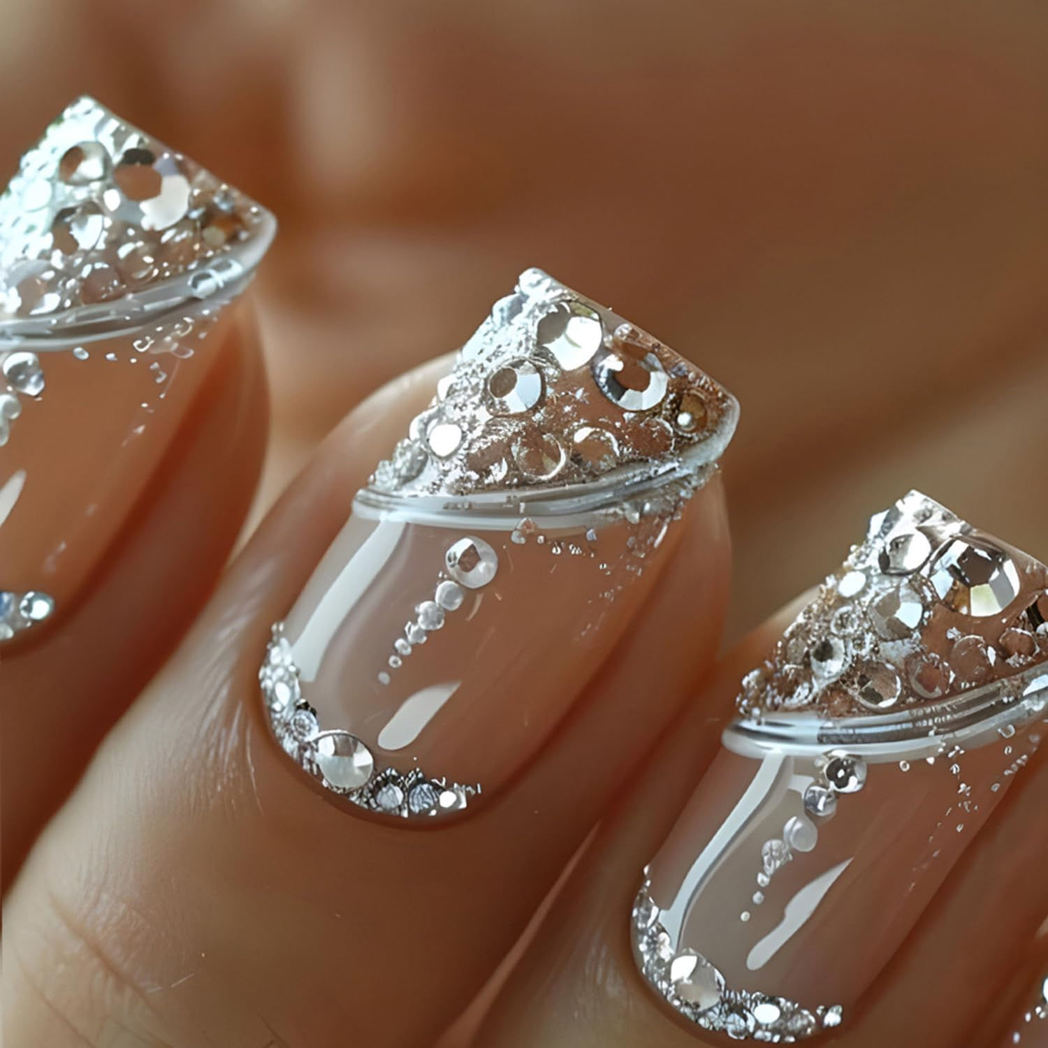 French Tips Press on Nails with Rhinestones DesignFake Nails Sparkly False Nails
