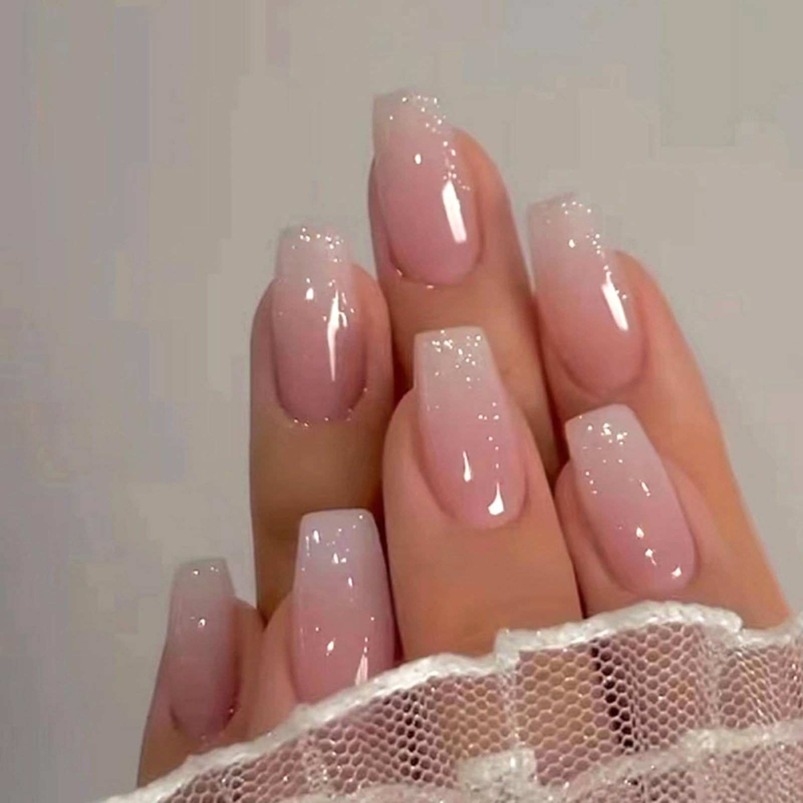 Coffin Press on Nails Long -French Tip Press on Nails Pink Nails Glossy Nails De
