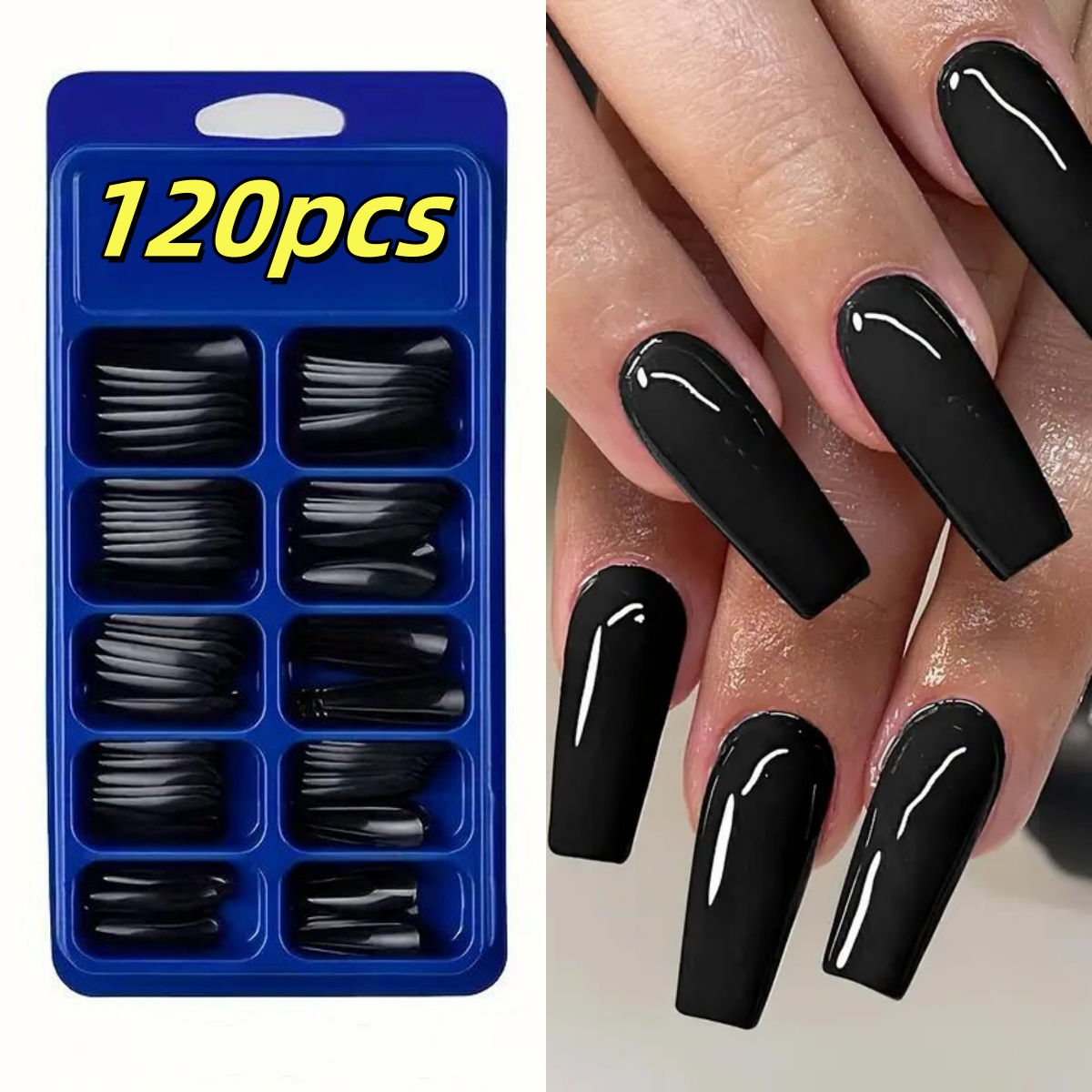 120pcs Long Coffin Black Press-On Nails Full Cover Ballet Square Shape False Nai