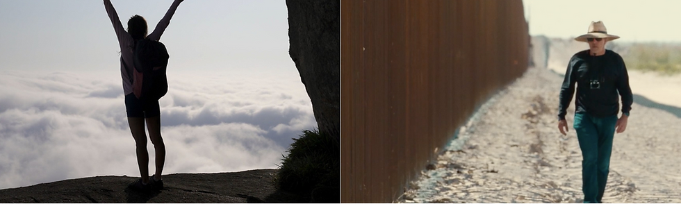 Stills from the films Into the Mountain and American Scar showing views over clouds and the mexico wall