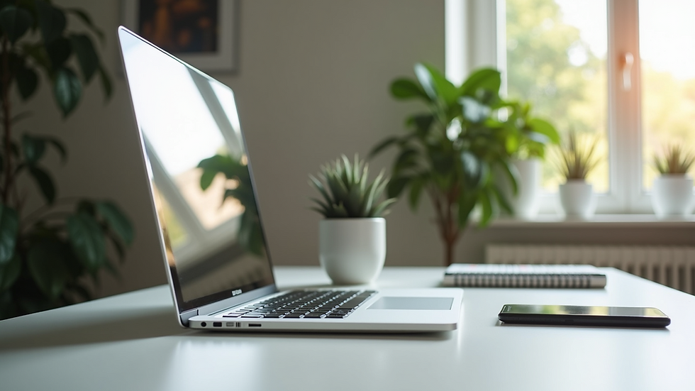 Eye-level view of a tidy home office setup with a laptop and a plant