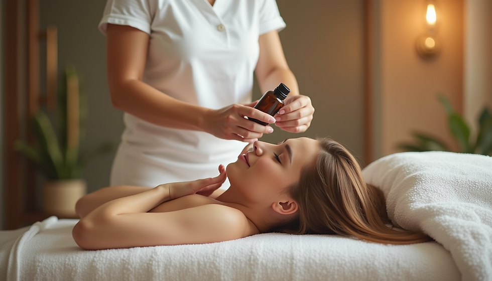 Persoon op massage tafel krijgt rug massage. Olie op huid. Rustige sfeer met warme kleuren en kaarslicht in de achtergrond.