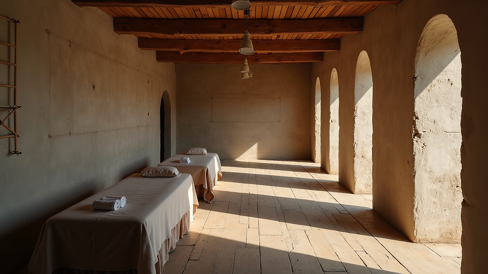 Eye-level view van een rustige massageruimte met zachte verlichting