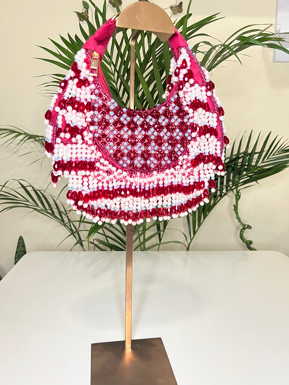 Festive red and white beaded bag; perfect for a holiday party, summer event, or bold evening accessory