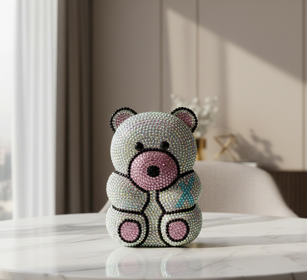 Teddy bear crystal clutch bag with multicolor rhinestones and pink accents, luxury novelty evening bag with chain strap