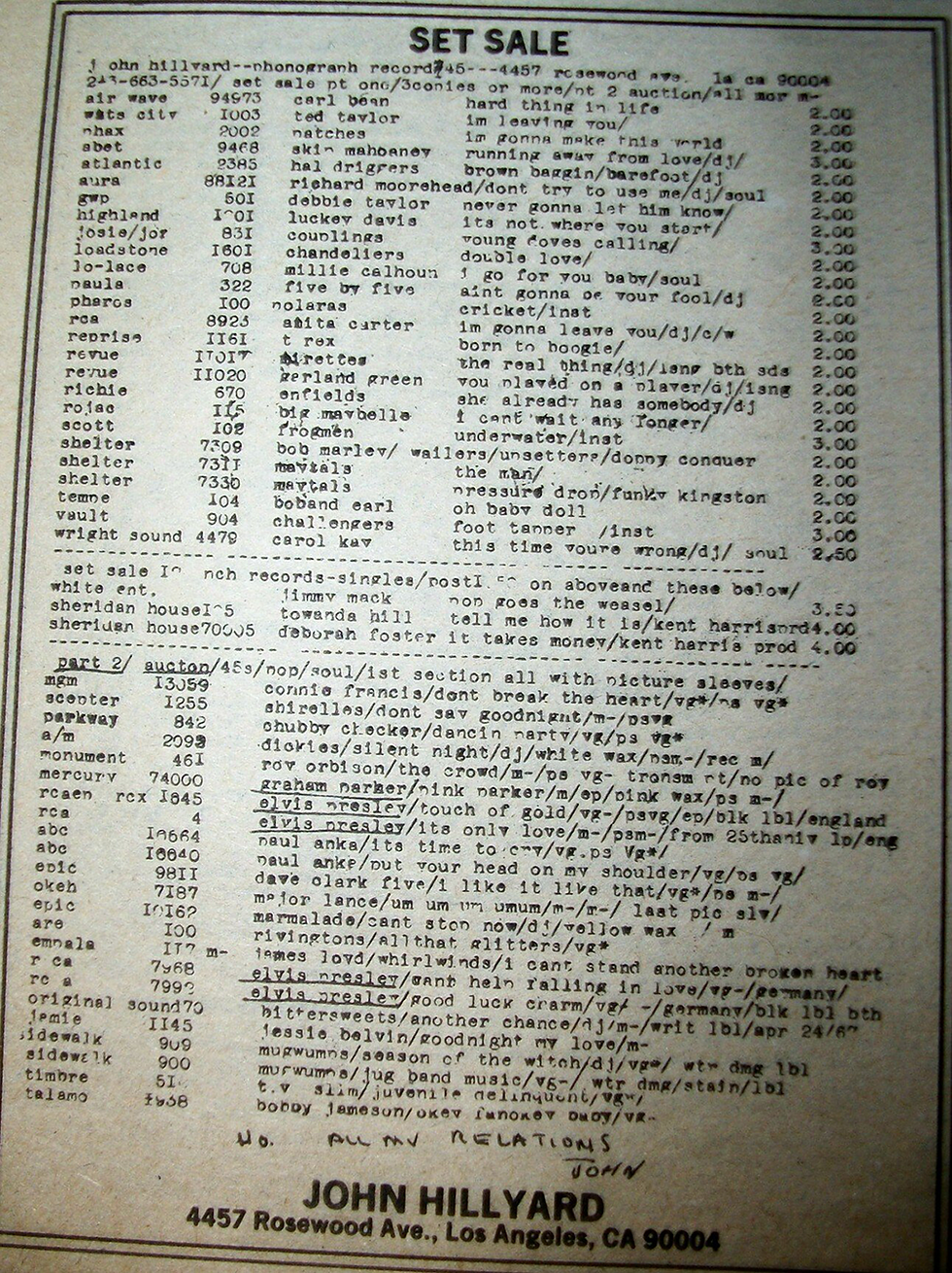 John Hillyard's ad in Goldmine, circa 1983