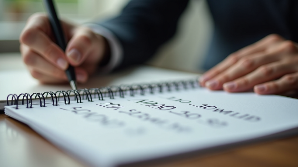 Close-up view of a person writing financial goals in a notebook