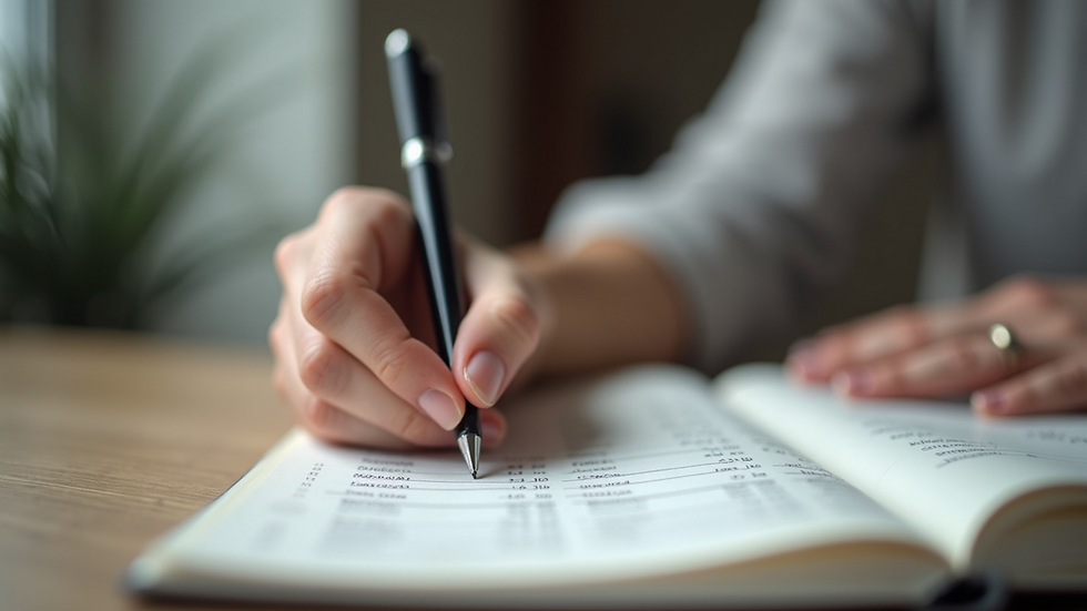 Close-up view of a person writing financial goals in a notebook