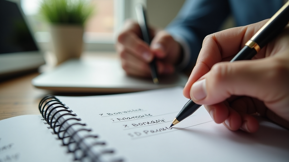 Close-up view of a person writing financial goals in a notebook