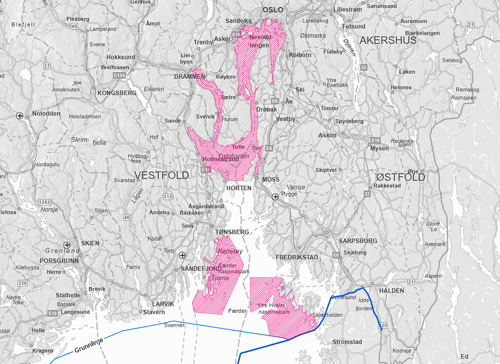 Nullfiskeområdene som er vedtatt i Oslofjorden.