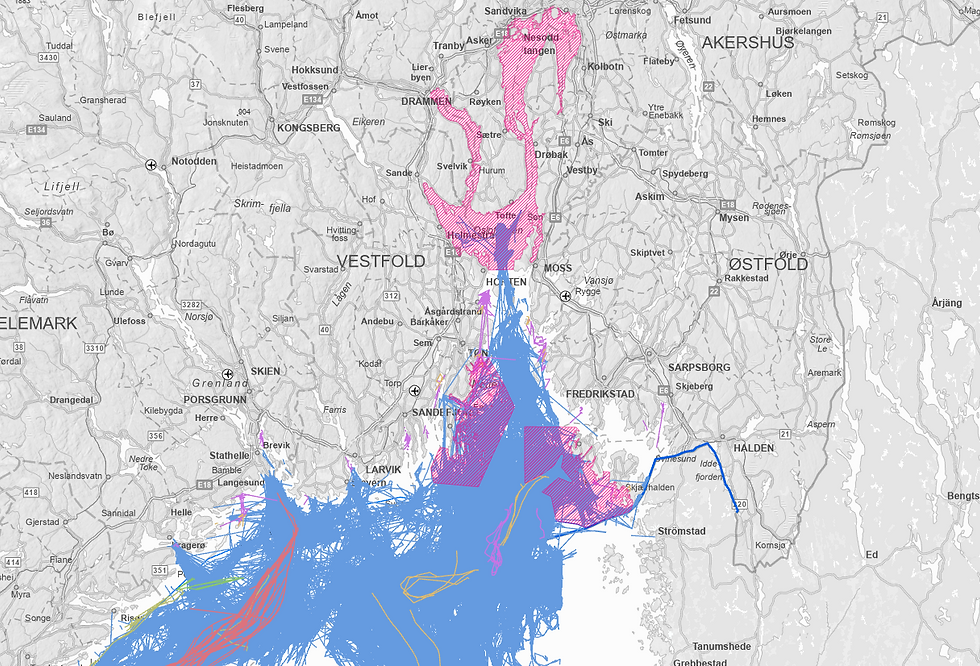 Bildet viser de vedtatte nullfiskeområdene overlagt AIS spordata fra båter som bedriver bunntråling vist som blå linjer. Det er knapt en flekk som ikke er trålet i de blå områdene.