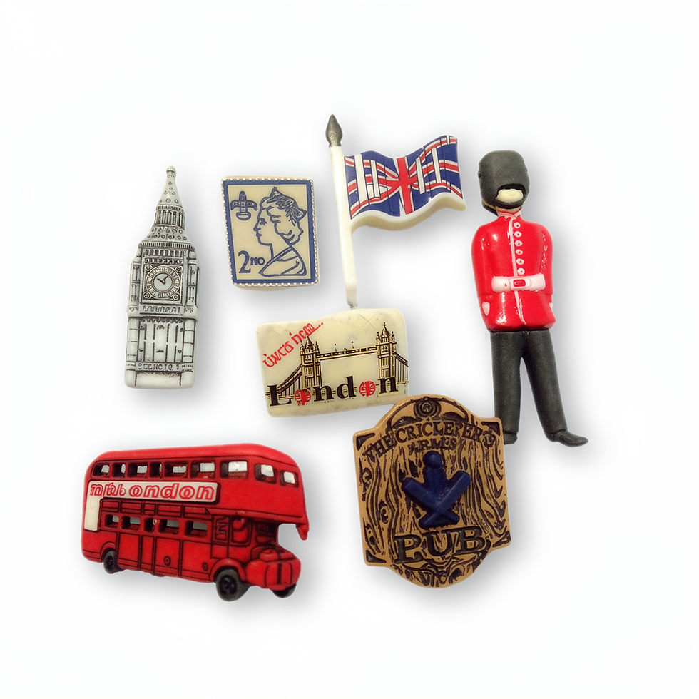 6 boutons avec des motifs anglais , drapeau , soldat , big ben