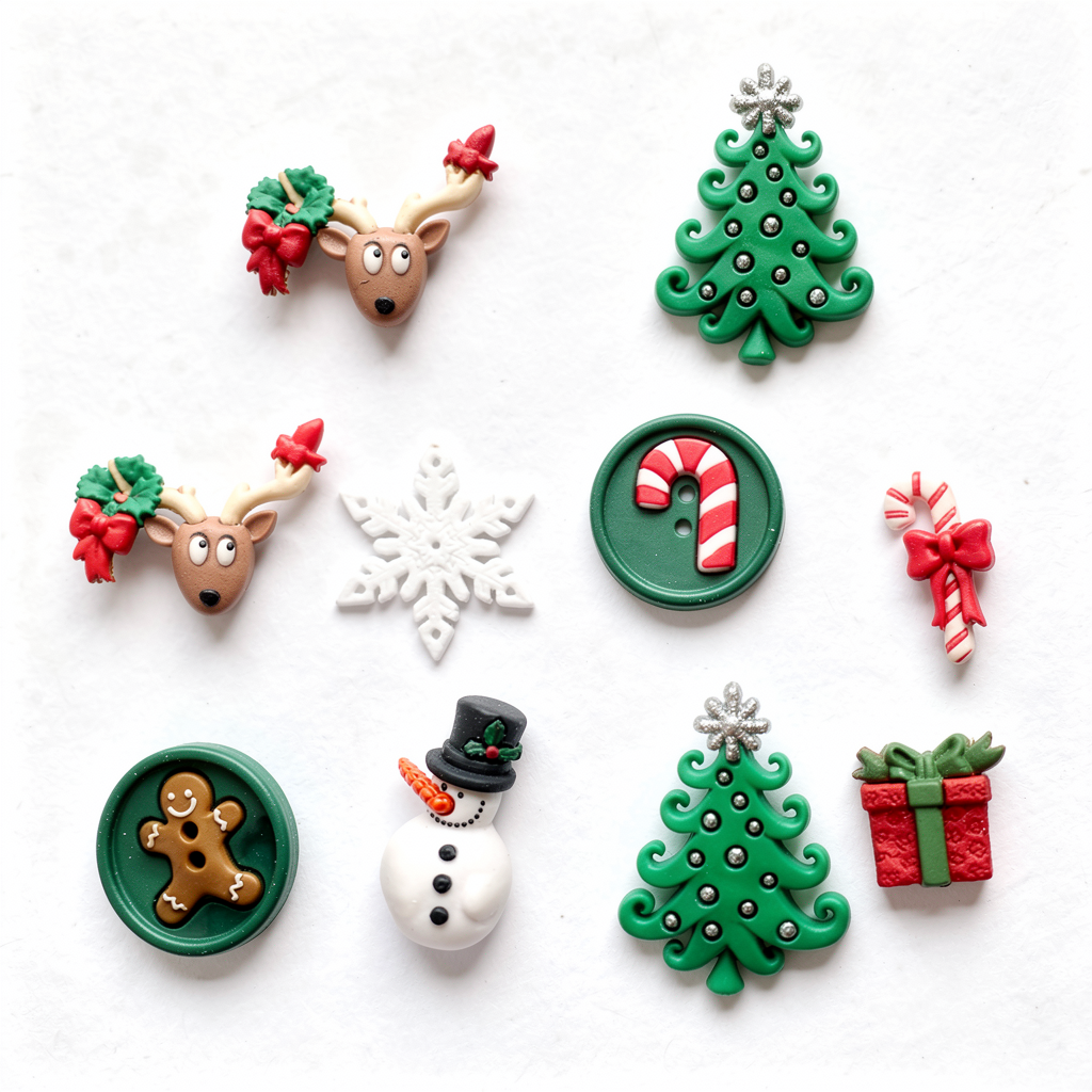 8 boutons en forme de sapins , bonhomme de neige