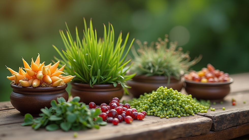 Close-up view of traditional Inka healing plants arranged on a wooden table
