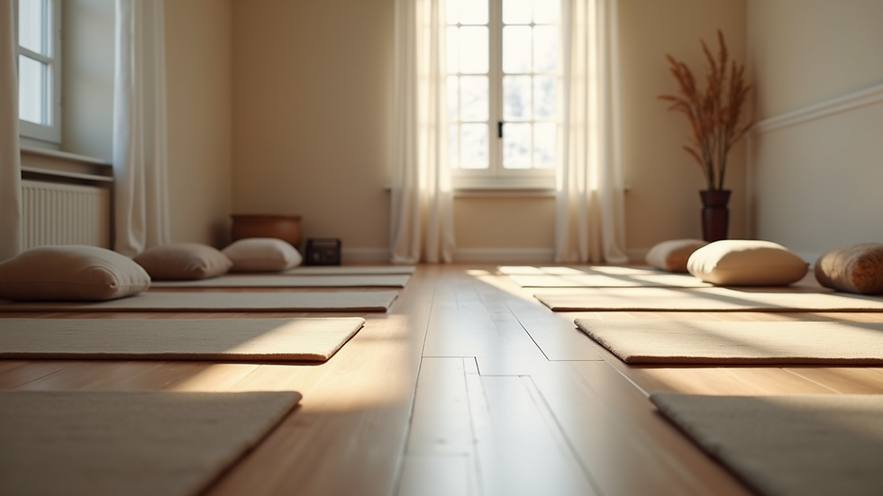 Eye-level view of a serene yoga studio with mats and cushions arranged for a class