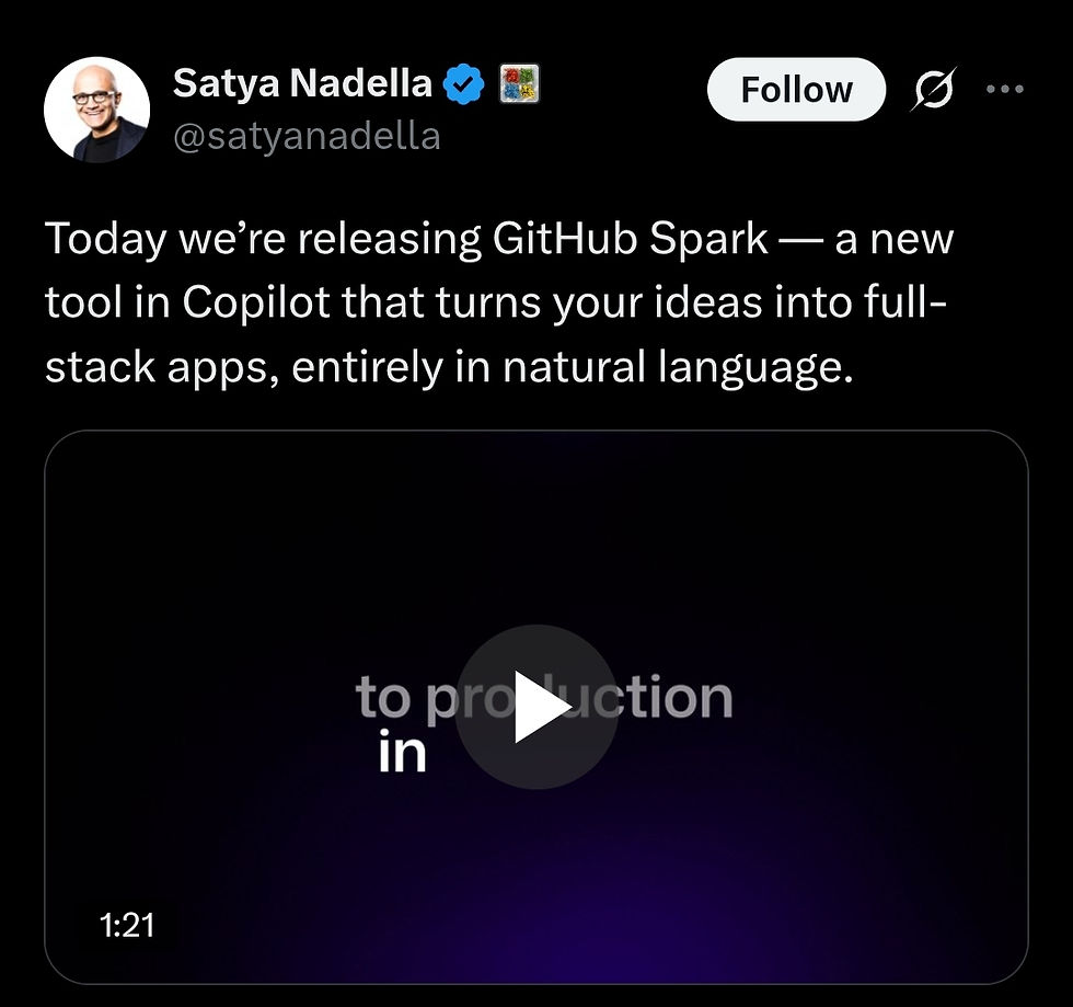 Satya Nadella, CEO of Microsoft, announces the launch of GitHub Spark, the new Copilot tool that transforms natural language ideas into full-stack apps.