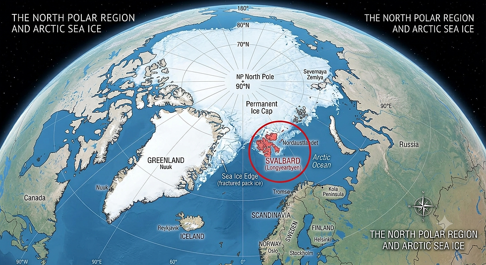 Map showing Svalbard (Spitsbergen) in relation to Greenland, Scandinavia and the Arctic sea ice