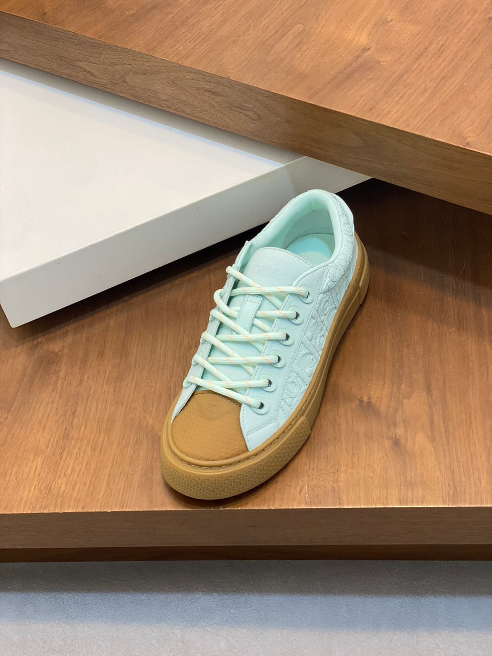 Luxe Vault NYC Mint Green and Tan Sneakers – Side Display